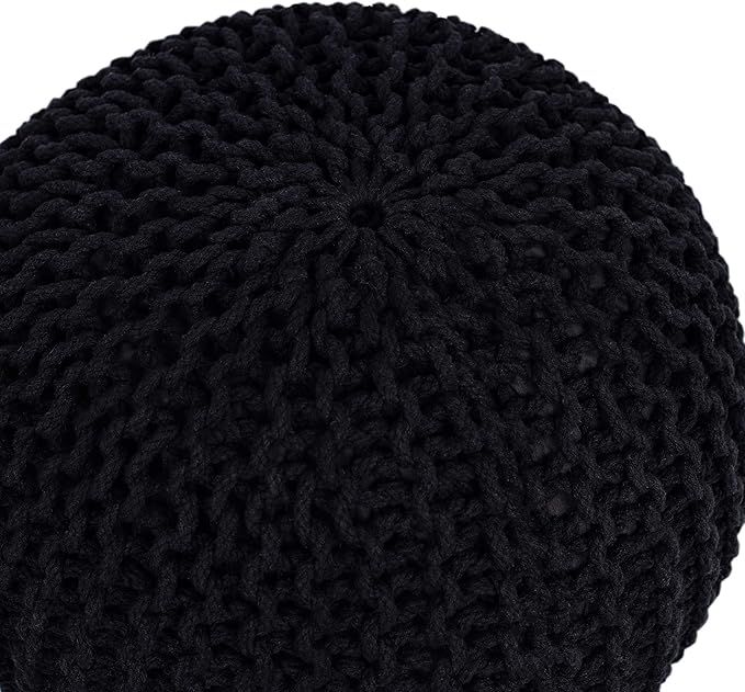 BIRDROCK HOME Round Pouf Ottoman | Cotton Braided Foot Stool with Bean Bag Filling | Boho Foot Rest for Living Room & Bedroom | Compact & Comfortable Seating, Lightweight & Soft | Black-Ruum Studio Home
