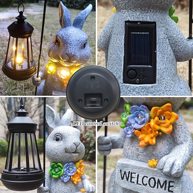 Solar Rabbit Garden Statues Outdoor Décor with Lantern- Rabbit Figurines Solar LED Light Lawn Ornaments - Yard Decorations for Patio, Balcony, Backyard -Unique House Warming Gifts for Mom-Ruum Studio Home