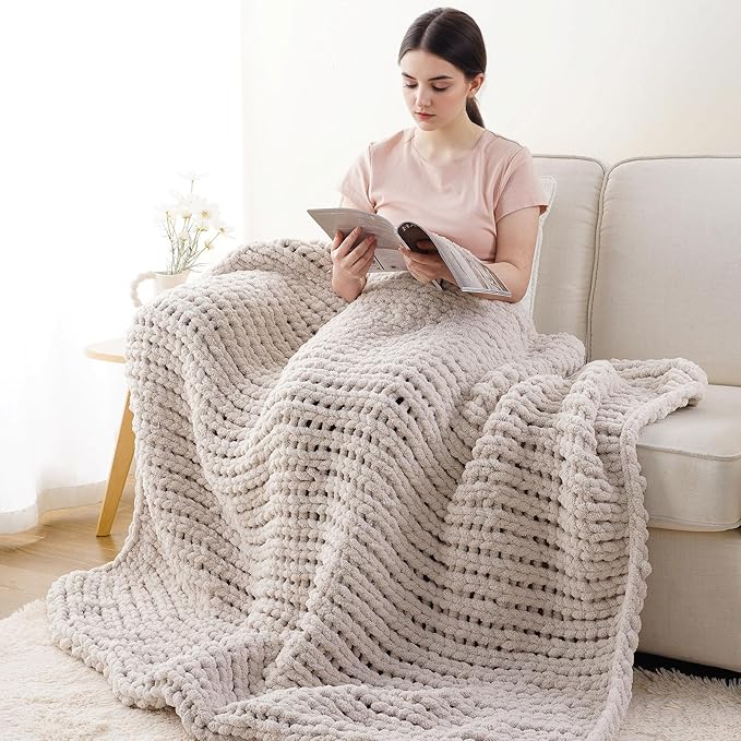Battilo Chunky Knit Throw Blanket, Soft and Thick Chenille Throw Blanket, 50"x60" Handmade Cable Knit Crochet Blanket, Large Rope Knot Throw Blankets for Couch Sofa Bed Home Decor, Taupe-Ruum Studio Home