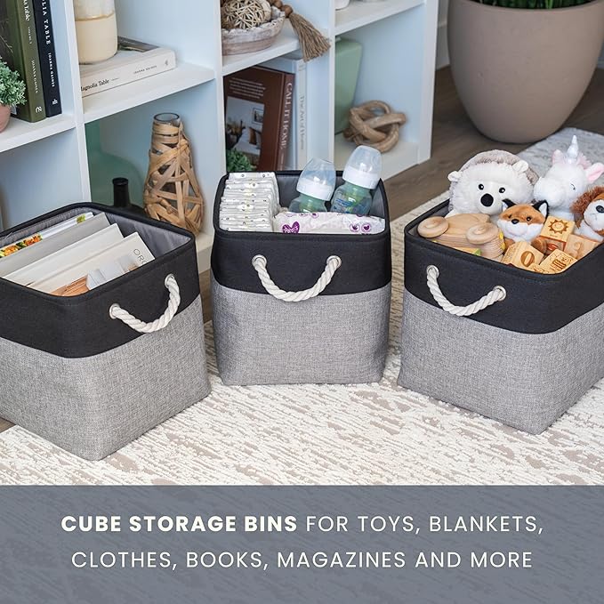 OrganiHaus 12x12 Cube Storage Bins 4 Pack, Foldable Cube Storage Organizer w/ Rope Handles, Collapsible Fabric Bins for Toys, Clothes & Closet Organization, Fabric Square Baskets - Gray/Black-Ruum Studio Home
