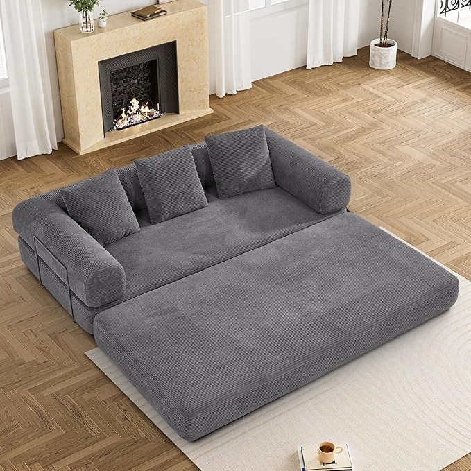 Convertible Sleeper Sofa Bed with Pillow, 4-in-1 Corduroy Folding Mattress Couch with Fixed-Shape Frame, Futon Fold Out Floor Sofa Cama Lounge Couch for Living Room Bedroom Studio, Grey-Ruum Studio Home