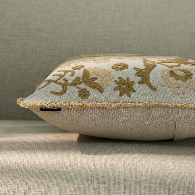 Embroidered Mandala Floral Vintage Indian Cotton Decorative Embroidery Throw Pillow Covers, Fringes Lace Cushion Cover, Pillow Case for Sofa Couch Bed Chair 18" x 18"-Ruum Studio Home