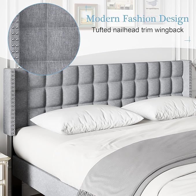 VECELO Headboard King Size, Linen Upholstered Headboards Only with Nailhead Trim Wingback, Square Stitched Design, Adjustable Height from 40" to 49.8", Light Grey-Ruum Studio Home