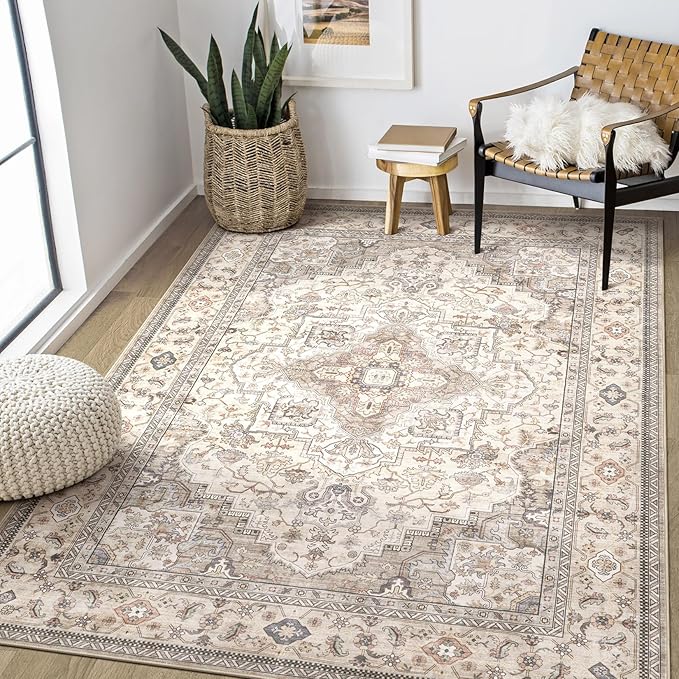 Washable Area Rugs for Living Room - 6x9 Neutral Vintage Distressed Floral Farmhouse Boho Large Soft Floor Rug Indoor Non Slip Carpet for Bedroom Dining Room Office - Brown/Multi-Ruum Studio Home