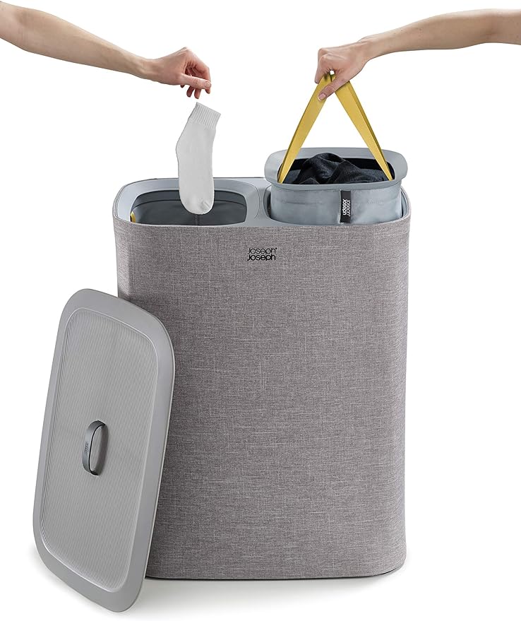 Joseph Joseph Tota 90 liter/23.8 gallon Laundry Hamper Separation Basket with lid, 2 Removable Washing Bags with Handles - Gray-Ruum Studio Home