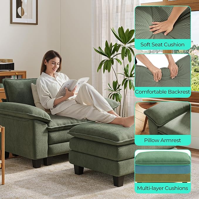LINSY HOME Sofa Chair with Movable Ottoman - Corduroy Cloud Couch Chair Soft Comfy Modern Sofa Chaise Single Sleeper Chair Bed for Living Room Apartment Office, Green-Ruum Studio Home