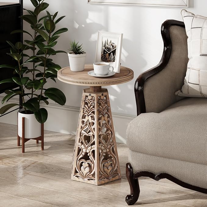 Rustic Farmhouse Wooden End Table, Distressed Round Accent Table with Intricate Carved Floral Patterns, Boho, for Living Room, Bedroom, or Entryway, Distressed Wood Color-Ruum Studio Home