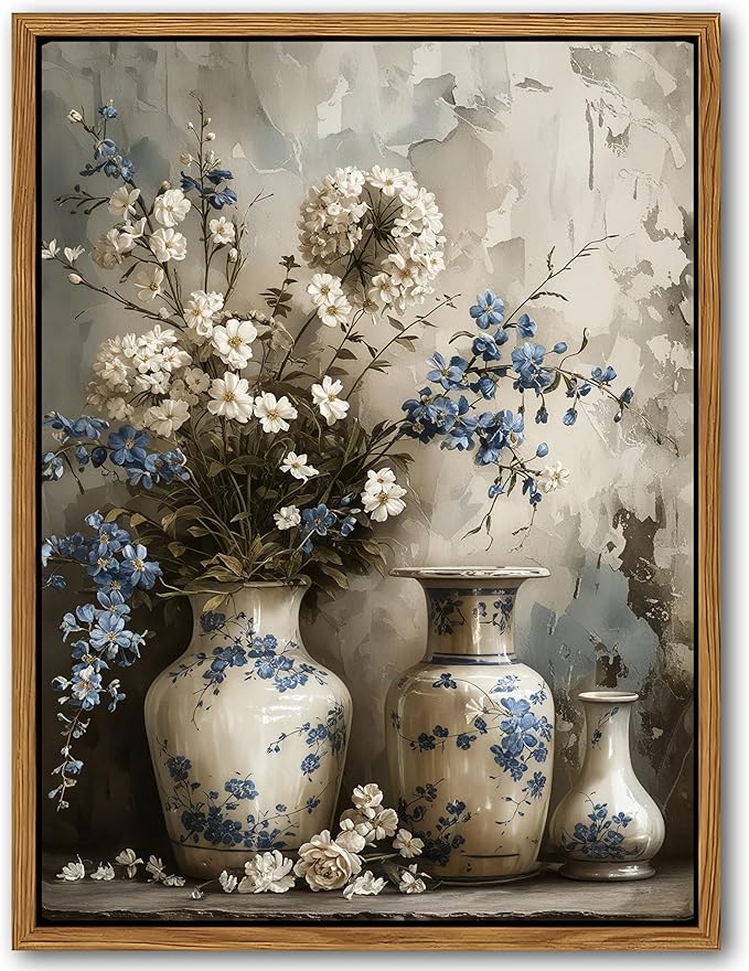 Floating Framed Farmhouse Floral Canvas Wall Art, Vintage Blue and White Flower Pictures Wall Decor, Elegant Art Jar Posters Print for Living Room Bedroom Bathroom Rustic Decor 8x10 inch-Ruum Studio Home