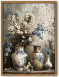 Floating Framed Farmhouse Floral Canvas Wall Art, Vintage Blue and White Flower Pictures Wall Decor, Elegant Art Jar Posters Print for Living Room Bedroom Bathroom Rustic Decor 12x16 inch-Ruum Studio Home