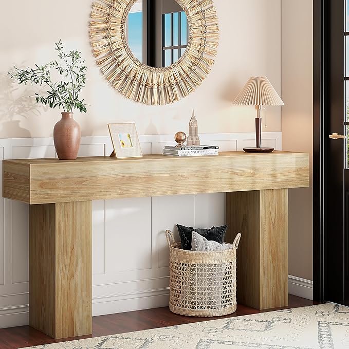 63 Inch Long Console Table for Entryway, Farmhouse Wood Rectangular Sofa Table Behind Couch Table, Narrow Entryway Table for Living Room, Entrance, Hallway, Foyer, Easy Assembly (Natural)-Ruum Studio Home