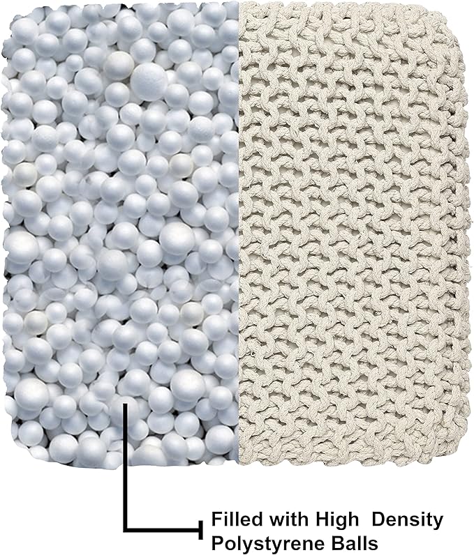 REDEARTH Square Pouf Ottoman Foot Stool - Hand Knitted Bean Bag - Cord Boho Pouffe - Accent Poof for Living Room - Nursery - Bedroom - Kids Bedroom - Patio - 100% Cotton (16" x 16" x 16") - Ivory-Ruum Studio Home