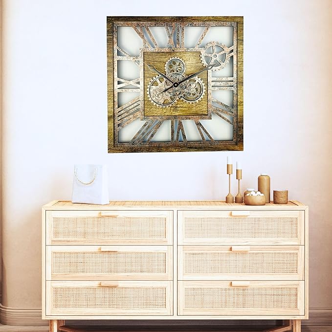 The Gears Clock 24'' Inch Square Real Moving Gear Wall Clock Vintage Industrial Oversized Rustic Farmhouse (Gold Antique)-Ruum Studio Home