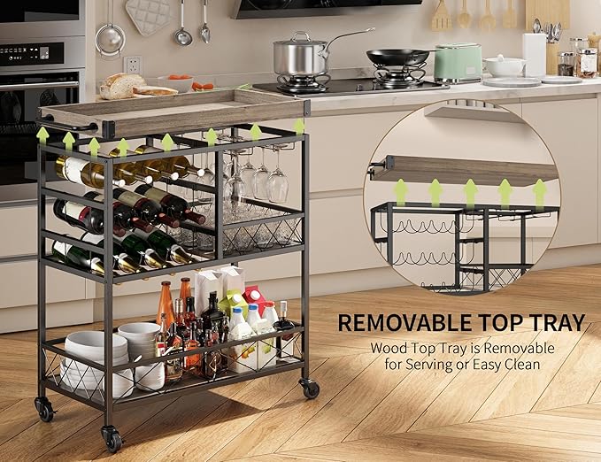 Gizoon Rolling Bar Cart, a Versatile Beverage Cart with a Removable Tray, 12-Bottle Wine Rack, and Glass Holder, The Bar Cart is Perfect for Kitchen, Dining Room, or Outdoor Use (Gray)-Ruum Studio Home