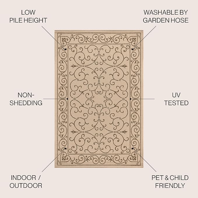 JONATHAN Y Vintage Filigree Indoor Outdoor Square Area Rug 8X8 Beige/Brown, Charleston Textured Weave for Backyard, Patio, Porch, Easy-Cleaning, High Traffic, Pet-Friendly, Non-Shedding (SMB106A-8SQ)-Ruum Studio Home