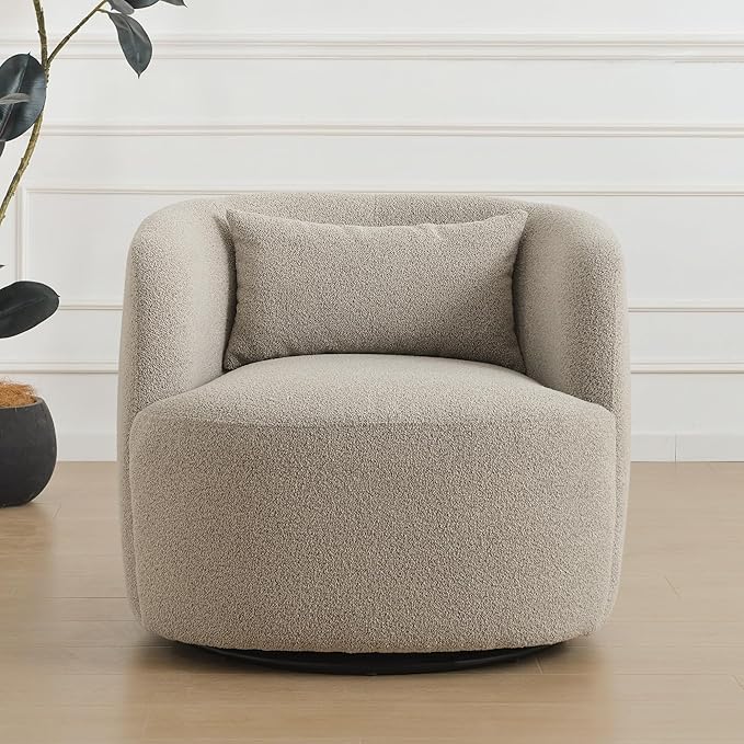 KINWELL 34" Wide Sherpa Swivel Barrel Chair, No Assembly Round Boucle Upholstered Accent Chair Armchair Single Sofa Chair with Toss Pillow for Living Room and Bedroom, Taupe-Ruum Studio Home
