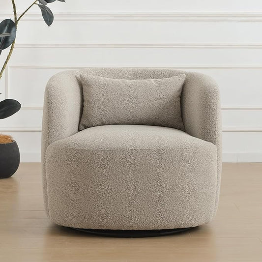 KINWELL 34" Wide Sherpa Swivel Barrel Chair, No Assembly Round Boucle Upholstered Accent Chair Armchair Single Sofa Chair with Toss Pillow for Living Room and Bedroom, Taupe-Ruum Studio Home