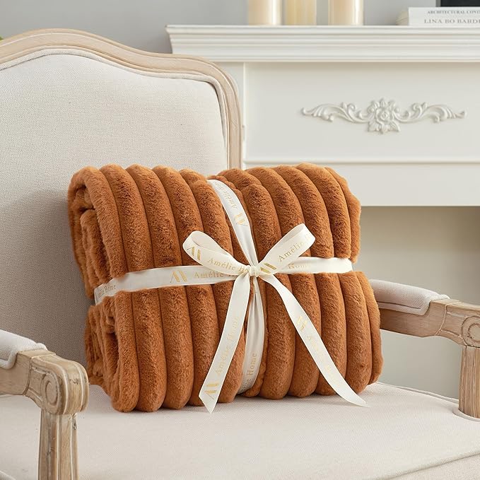 Amélie Home Faux Fur Throw Blanket for Couch, Cozy Fuzzy Fluffy Fur Luxurious Soft Striped Plush Gift Blankets for Family Sofa Chair Bed Living Room Bedroom, 55"x70", Brown-Ruum Studio Home