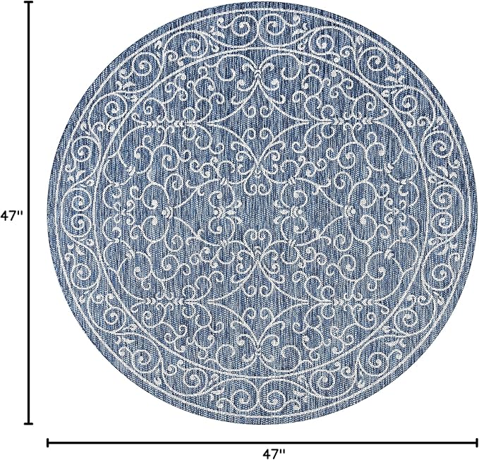 JONATHAN Y Vintage Filigree Indoor Outdoor Round Area Rug 4 Ft Navy/Gray, Charleston Textured Weave for Backyard, Patio, Porch, Easy-Cleaning, High Traffic, Pet-Friendly, Non-Shedding (SMB106D-4R)-Ruum Studio Home