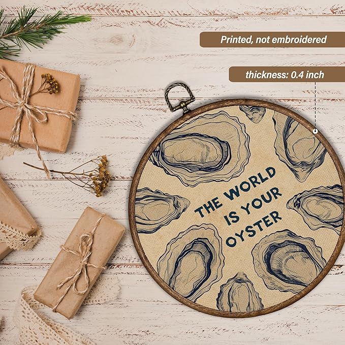 XBBMGG Oyster Wall Art Decor, Coastal Vintage Oyster Shell Round Wall Hanging Decor, Beach Ocean Nautical The World Is Your Oyster Framed Canvas Prints for Living Room Bathroom Decorations, 10x10inch-Ruum Studio Home