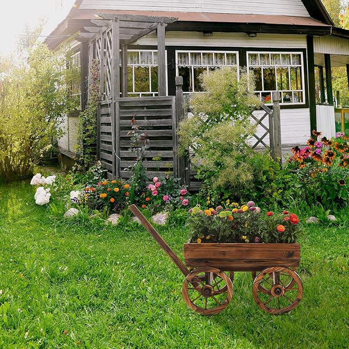 Garden Wooden Decor Rustic Flower Pot,Planters Wagon Indoor Outdoor Backyard Balcony Decor,for Outside Garden Decor Wheelbarrow Planter for Patio (Wooden Wagon)-Ruum Studio Home