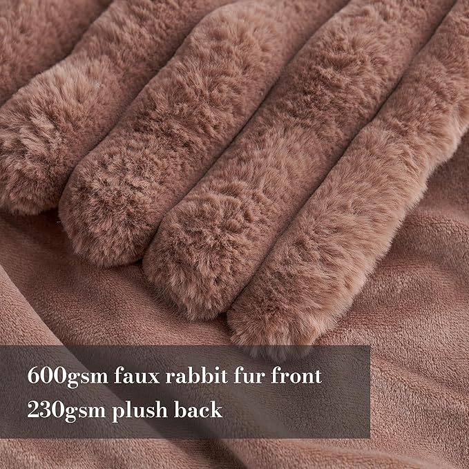 Amélie Home Faux Fur Throw Blanket for Couch, Cozy Fuzzy Fluffy Fur Luxurious Soft Striped Plush Gift Blankets for Family Sofa Chair Bed Living Room Bedroom, 55"x70", Light Coffee-Ruum Studio Home