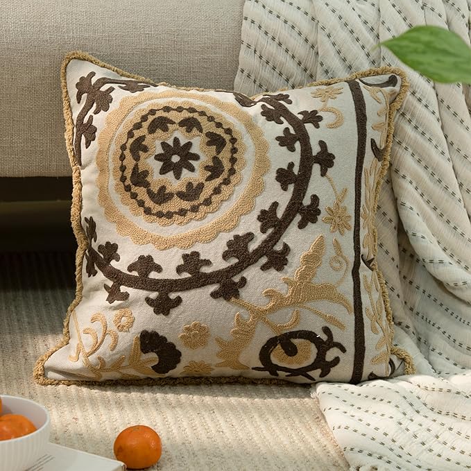 Embroidered Floral Mandala Vintage Indian Cotton Decorative Embroidery Throw Pillow Covers, Fringes Lace Cushion Cover, Pillow Case for Sofa Couch Bed Chair 18" x 18"-Ruum Studio Home