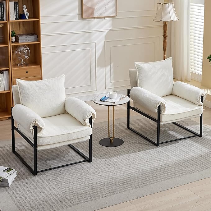 YISHENG Accent Chair with 6-Angle Adjustable Backrest, Chenille Fabric Living Room Chair Upholstered Lounge Chair, Modern Chair Cozy Reclining Chair for Reading Room, Set of 2 White-Ruum Studio Home