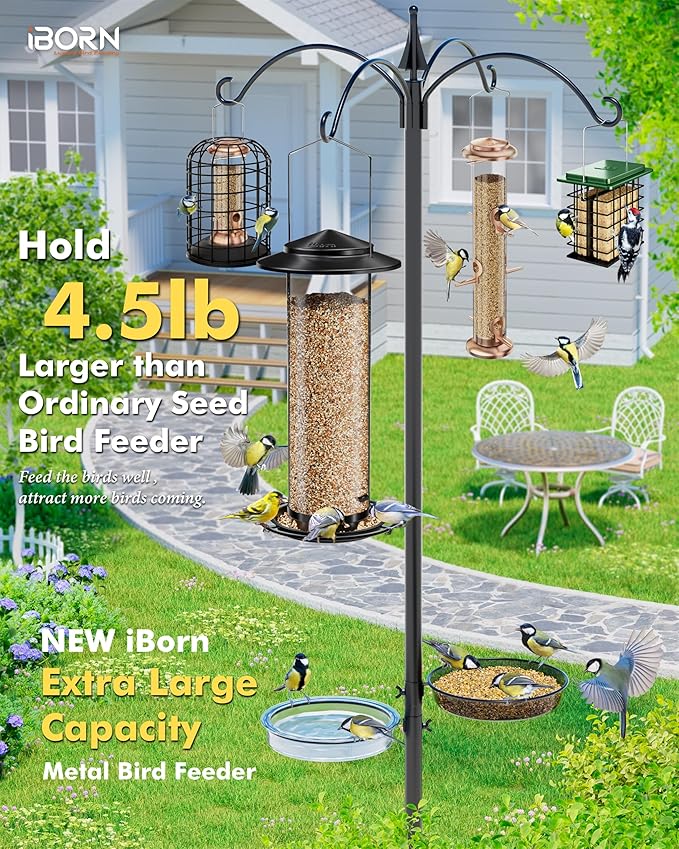 iBorn Metal Bird Feeder for Outside Hanging,Wild Bird Feeders for Cardinal,18cm Large Roof&Green,42CM Long,4.5lb High-Capacity(Seed is not Included)-Ruum Studio Home