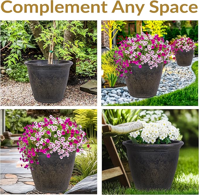 Sunnydaze 24-Inch Anjelica Large Plastic Pot for Plants - Outdoor Polyresin Round Planter with Drillable Drainage Holes - Sable - 2pk-Ruum Studio Home