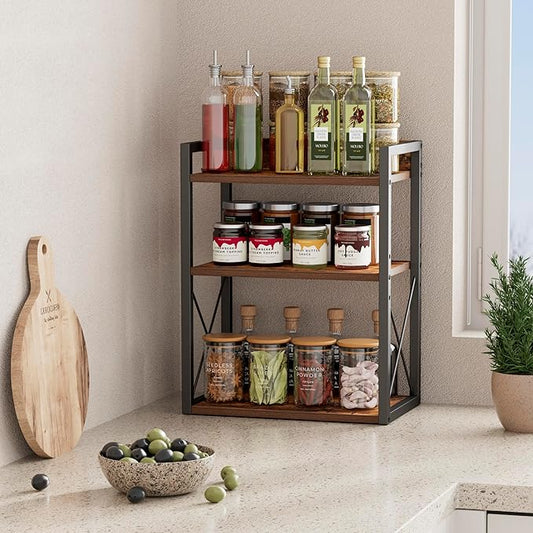3-Tier Kitchen Spice Rack Organizer for Countertop, Coffee Counter Shelf, Mug Shelf, Bathroom Counter Organizer, Makeup Organizer, Rustic Brown and Black-Ruum Studio Home