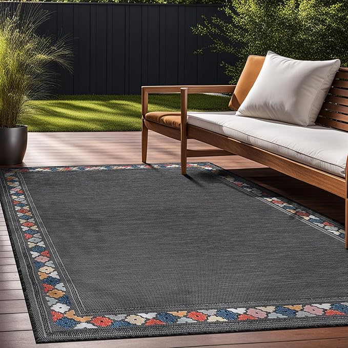 Beverly Rug Outdoor Rug 9x12 Modern Bordered Large Area Rugs for Indoor and Outdoor Patio Easy to Clean Non Shedding Living Room Porch Garden Washable Outside Carpet (9 x 12 Dark Gray)-Ruum Studio Home