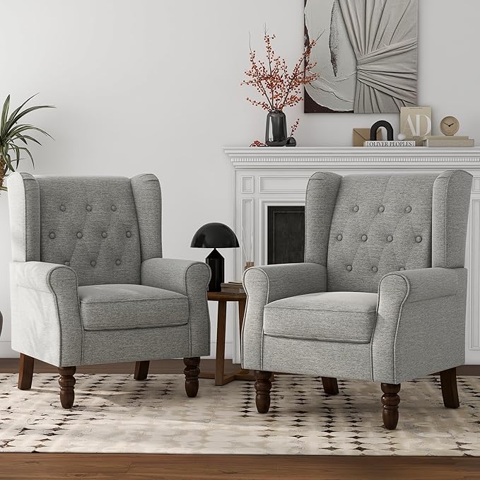 Lumibee High Back Accent Chair Set of 2,Upholstered Wingback Armchair with Solid Wood Legs for Small Spaces,Comfy Single Sofa Chair for Living Room,Bedroom,Office-Light Gray-Ruum Studio Home