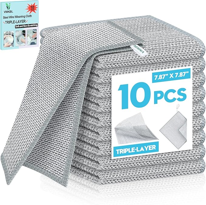 10 Pcs New Upgraded 3 Layers Non Scratch Wire Dishcloth, Multipurpose Wire Dishwashing Rags, Wet & Dry for Cookware, Sinks, Dishes, Stoves & Fireplaces 7.87“ x 7.87”-Ruum Studio Home