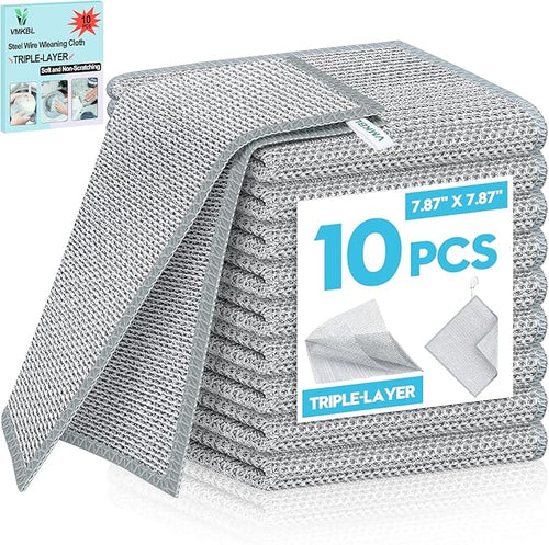 10 Pcs New Upgraded 3 Layers Non Scratch Wire Dishcloth, Multipurpose Wire Dishwashing Rags, Wet & Dry for Cookware, Sinks, Dishes, Stoves & Fireplaces 7.87“ x 7.87”-Ruum Studio Home