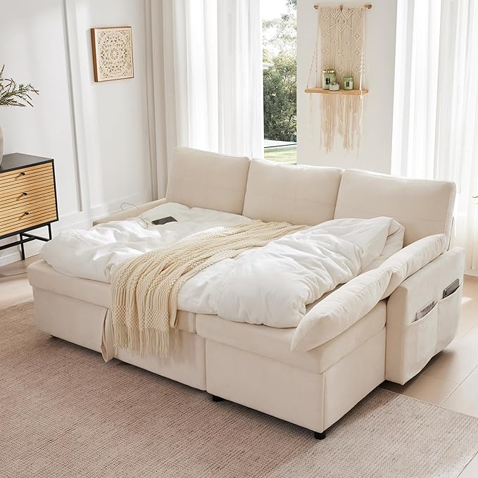Waxberry Sectional Sofa Couch, Pull Out Couch Sleeper Sofa Bed with Storage for Living Room, Reversible Chaise, Side Pockets & Dual USB/Type-C Ports, Beige-Ruum Studio Home