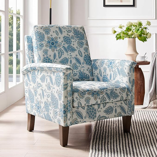 Floral Accent Chair, High Back Upholstered Armchair with Solid Wooden Legs, Padded Armrest and Removable Comfortable Cushioned Seat Single Sofa for Living Room, Bedroom, Blue-Ruum Studio Home