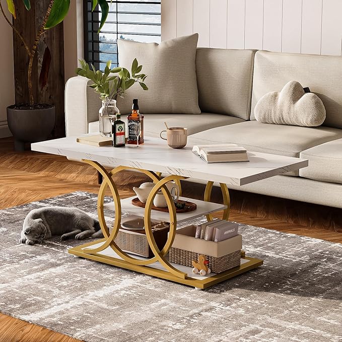 GiftGo Rustic Coffee Table with Storage Modern 3 Tier Center Living Room Table Faux Marble Wooden Rectangle Cocktail Tea Table for Office Bedroom Elegant Full Moon Design (White Gold, L-47)-Ruum Studio Home