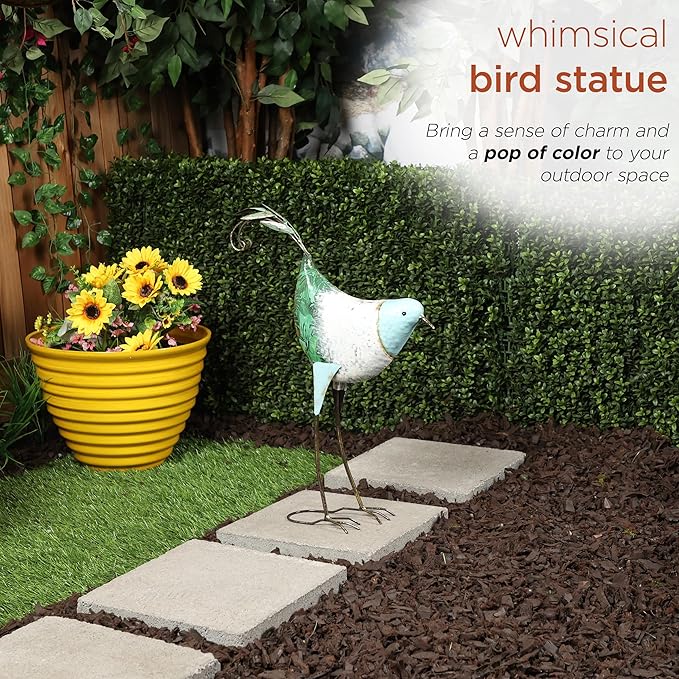 Alpine Corporation MCC702 Head-Down Metal Bird Outdoor Statue, Animal Décor for Patio, Lawn & Garden, 24" H, Blue and White-Ruum Studio Home