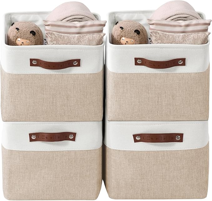 DECOMOMO Storage Bins Fabric Storage Baskets for Shelves, Linen Closet Organization Toys Nursery (Beige and White, Large - 4 Pack)-Ruum Studio Home