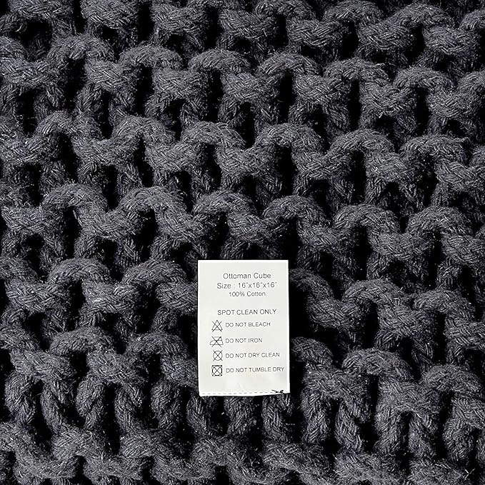REDEARTH Cube Pouf Foot Stool Ottoman - Hand Knitted Coffee Table - Cotton Cord Boho Pouffe - Home Décor Poof - Stuffed Footrest for Living Room - Bedroom - Patio (16" x 16" x 16") - Dark Gray-Ruum Studio Home