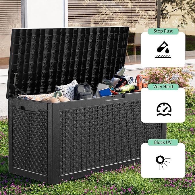 100 Gallon Resin Deck Box, Lockable Outdoor Storage Box for Patio Cushions Storage Furniture,Garden Tools, Pool Supplies, Weatherproof and UV Resistant（Black L）-Ruum Studio Home