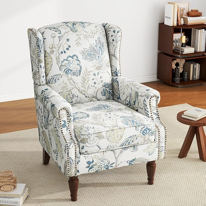 UIXE High Back Floral Accent Chair, Upholstered Armchair in Fabric, Retro Printed Wingback Arm Chair for Living Room, Nailhead Trim Single Sofa Bedroom Reading Seat - Plants Blue-Ruum Studio Home
