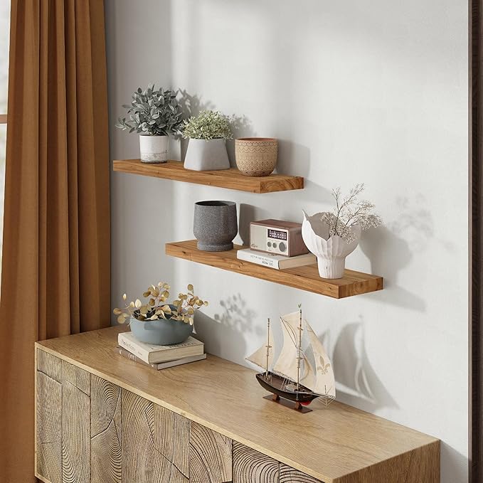 36 Inch Floating Shelves for Wall, Rustic Elm Wood Shelf for Home Decor, Heavy-Duty Wooden Floating Shelves for Kitchen, Wall Mounted Storage Shelves for Bathtoom, Living Room, Natural Color, Set of 2-Ruum Studio Home