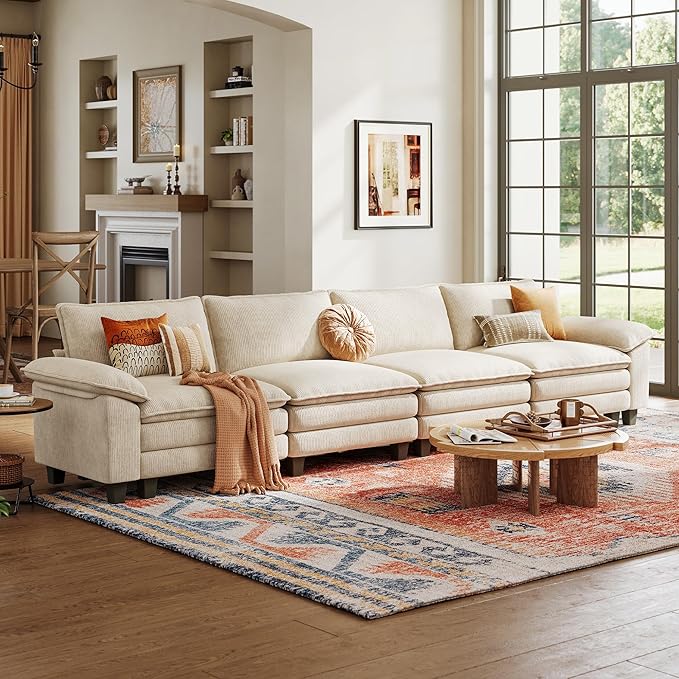 LINSY HOME Oversized Sectional Sofa - 157'' Oversized Corduroy Cloud Couch Deep Seat Modular Sofas Soft Modern Comfy Couches Furniture for Living Room Apartment Office, Beige-Ruum Studio Home