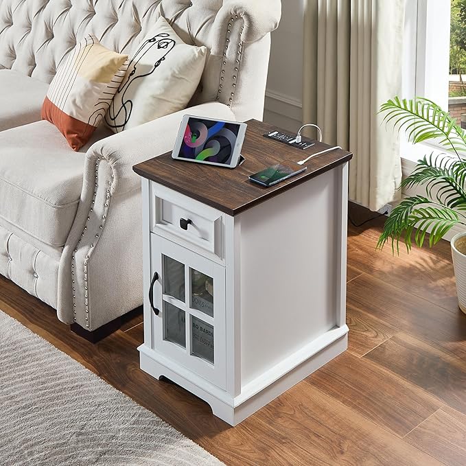 Farmhouse XXL End Table with Charging Station, Side Table with USB Ports and Outlets, Nightstand with Drawer and Glass Door Storage, White Bedside Tables for Living Room, Bedroom, Office-Ruum Studio Home