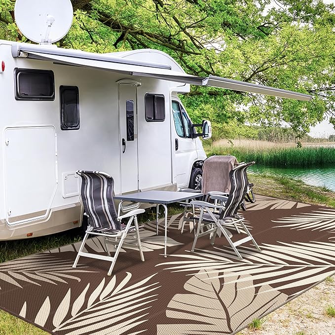 GENIMO Outdoor Rug 10' x 14' Waterproof for Patios Clearance, Reversible Outdoor Plastic Straw Camping Rug Carpet, Large Area Rugs Mats for RV, Camper, Deck, Balcony, Porch, Beach, Coffee&Beige-Ruum Studio Home