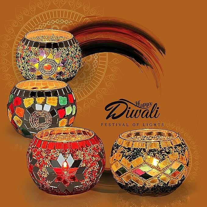 SHMILMH Glass Candle Holder Set of 4, Diwali Gift Votive Candle Holders Handmade Mosaic Glass Tealight Holders Diwali Christmas Table Decorations for Home-Ruum Studio Home