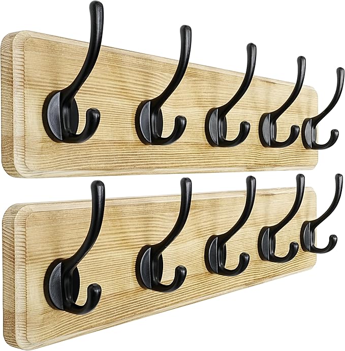 Dseap Coat Rack Wall: Patented, Heavy-Duty, 5-Double-Hooks Wooden Wall Mounted Coat Rack Coat Hanger Hook Rail for Winter Coats Hat Jacket Clothing, Light Brown, Pack of 2-Ruum Studio Home