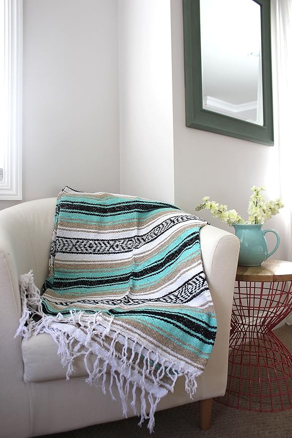 Del Mex Classic Mexican Blanket, Large Authentic Woven Falsa Throw (70"x50"), Artisan Southwest Décor for Beach, Yoga, Outdoors (Mint/Tan)-Ruum Studio Home