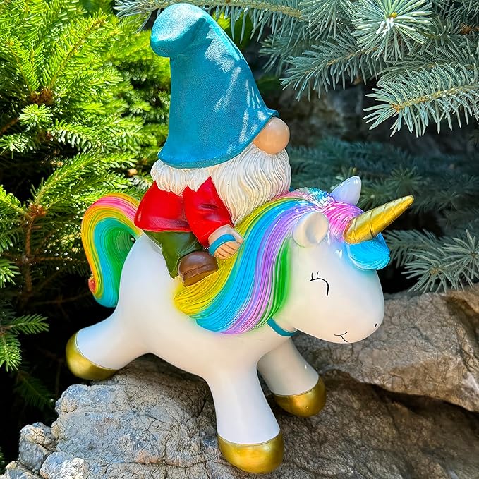 Mood Lab Garden Gnome Statue - Garden Gnome Riding Unicorn - 8.3 Inch Tall Lawn Figurine - for Outdoor or House Decor - Funny Yard & Patio Decoration-Ruum Studio Home